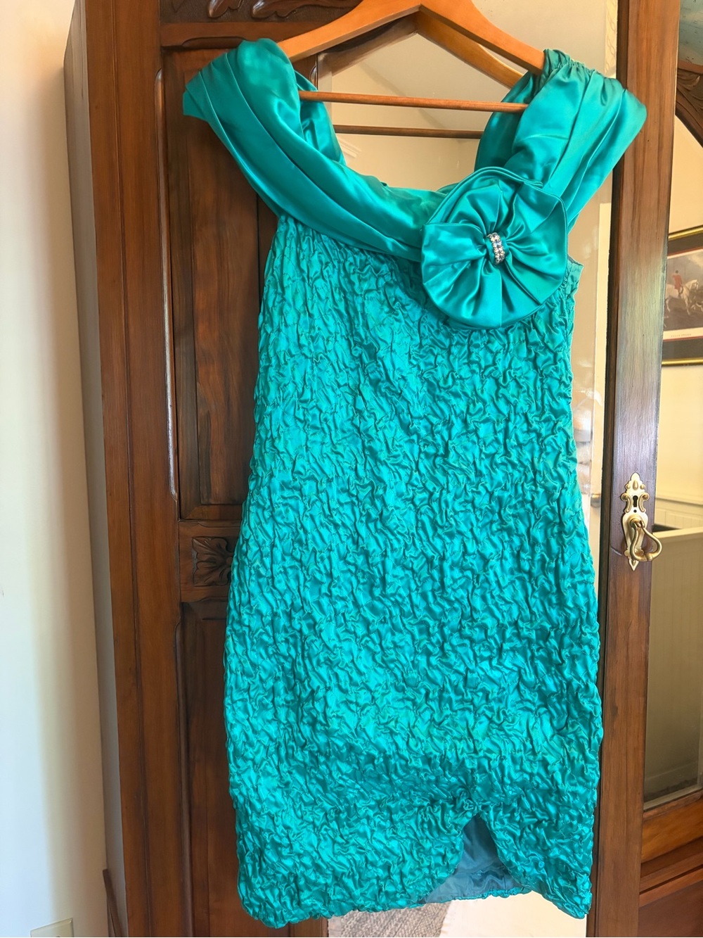 Vintage 80’s Off the Shoulder Teal Ruched Cocktail Dress by ZumZum (A)